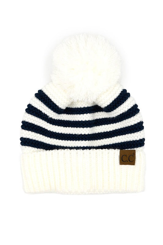 STRIPED POM POM BEANIE - WHITE