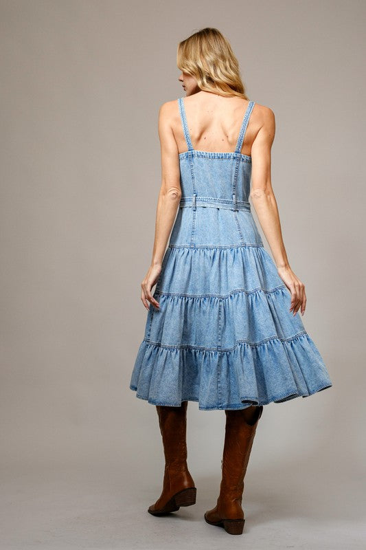 GARMENT WASHED TIERED MIDI DRESS - LIGHT DENIM