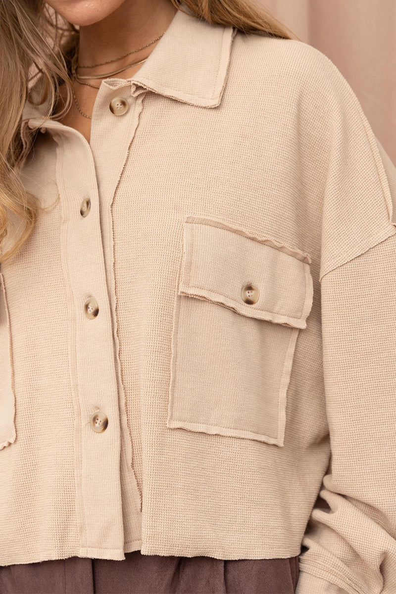 TEXTURED BUTTON UP SHACKET - TAUPE