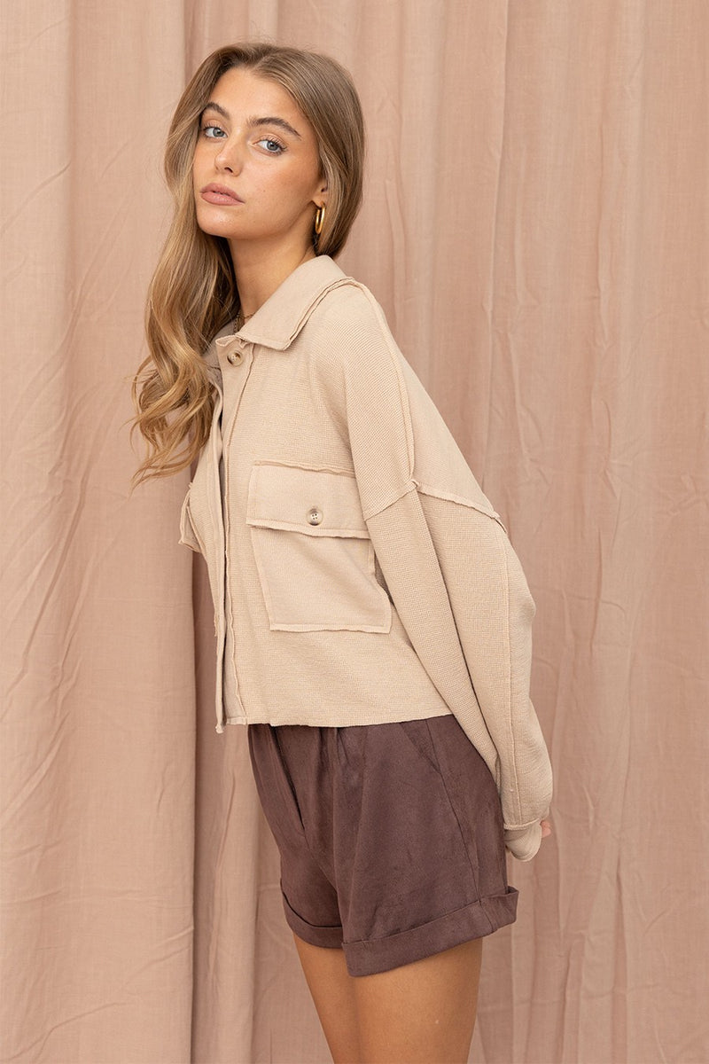 TEXTURED BUTTON UP SHACKET - TAUPE