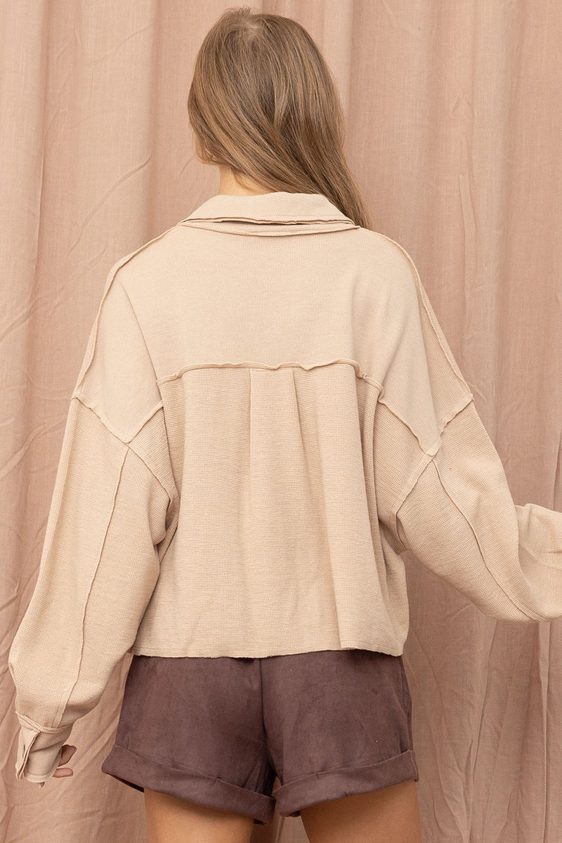 TEXTURED BUTTON UP SHACKET - TAUPE