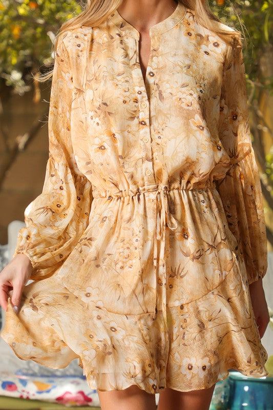 BUTTON DOWN TIE WAIST MINI DRESS - GOLDEN CAMEL MULTI