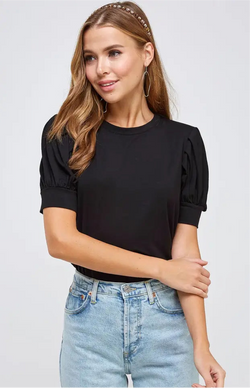 PUFF SLEEVE CREW NECK TEE SHIRT - BLACK