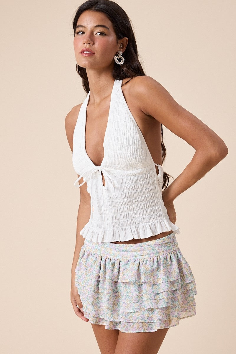 SMOCKED V-NECK HALTER TOP - WHITE