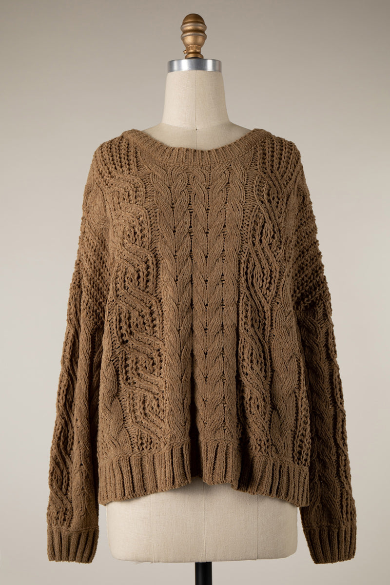 BRAIDED CROCHET KNIT SWEATER - BROWN