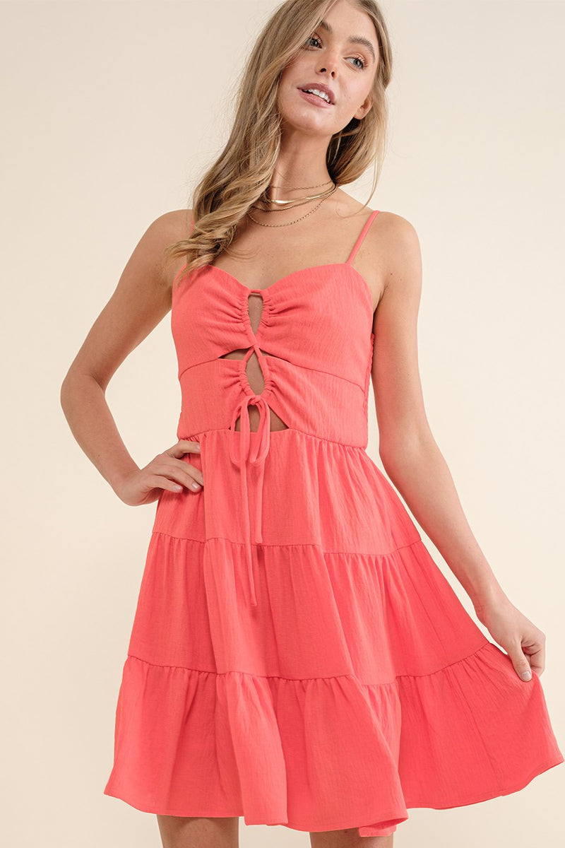 WOVEN CUT-OUT DRESS - HOT CORAL