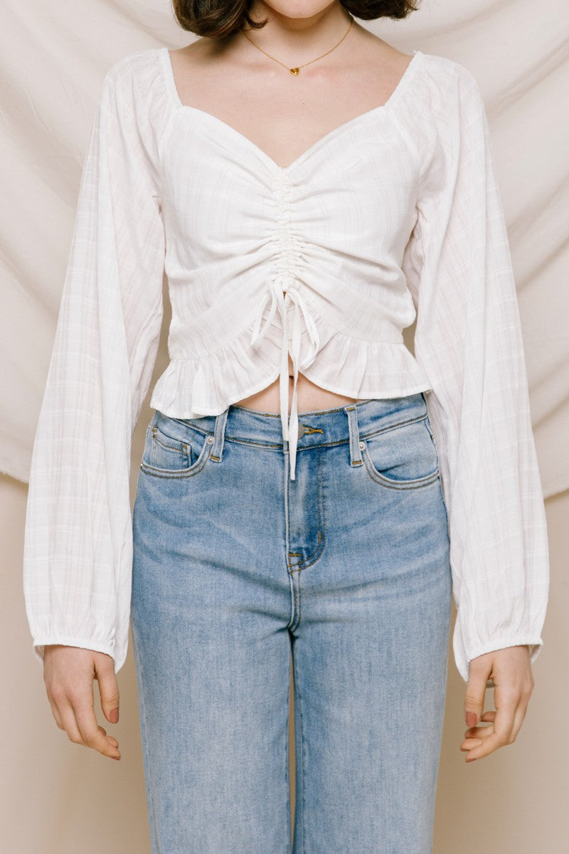 DRAWSTRING CINCHED CROP TOP - WHITE