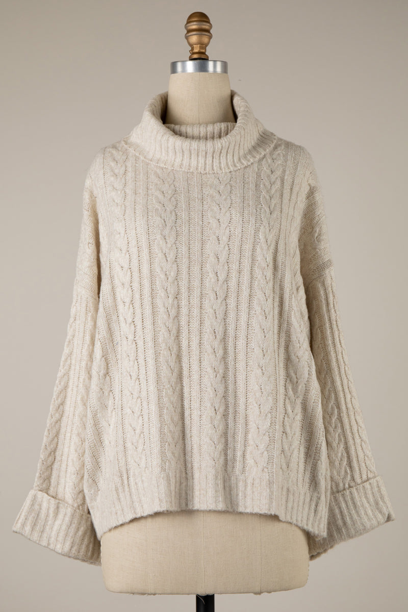 BRAIDED KNIT TURTLENECK  SWEATER - CREAM