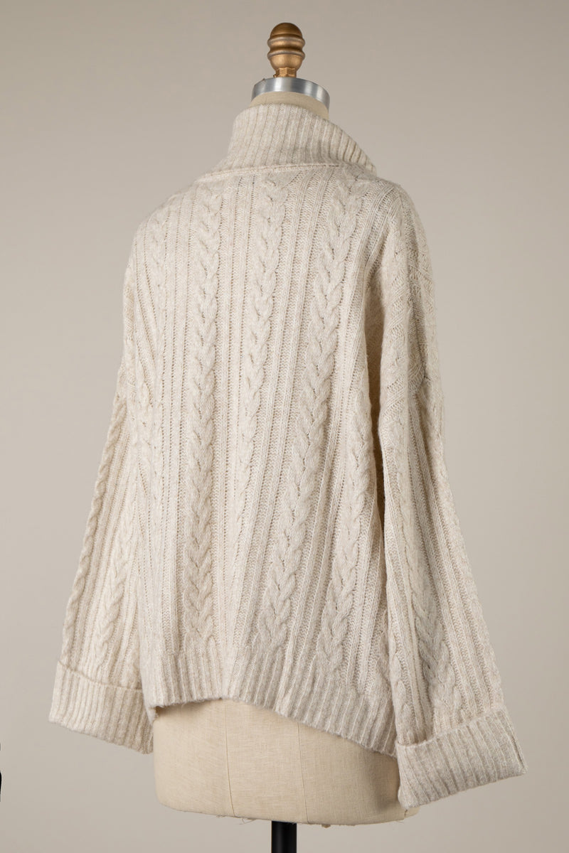 BRAIDED KNIT TURTLENECK  SWEATER - CREAM