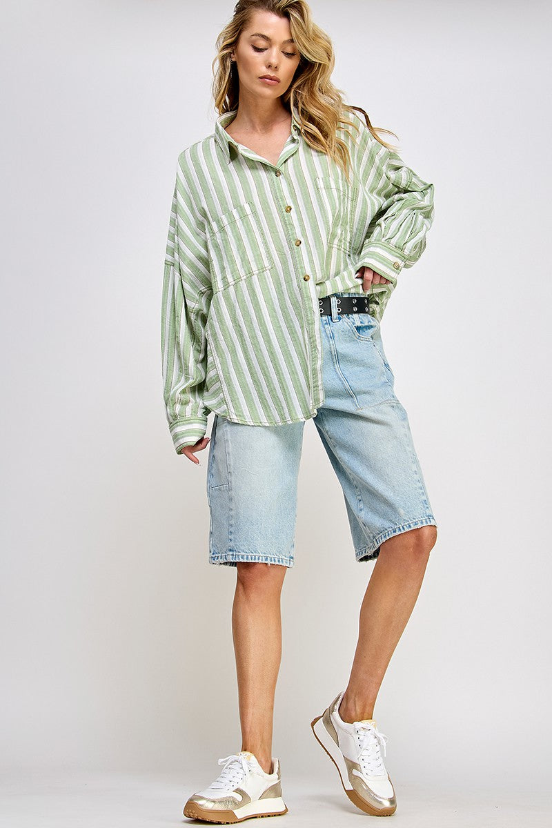 STRIPED BUTTON DOWN SHIRT - SAGE