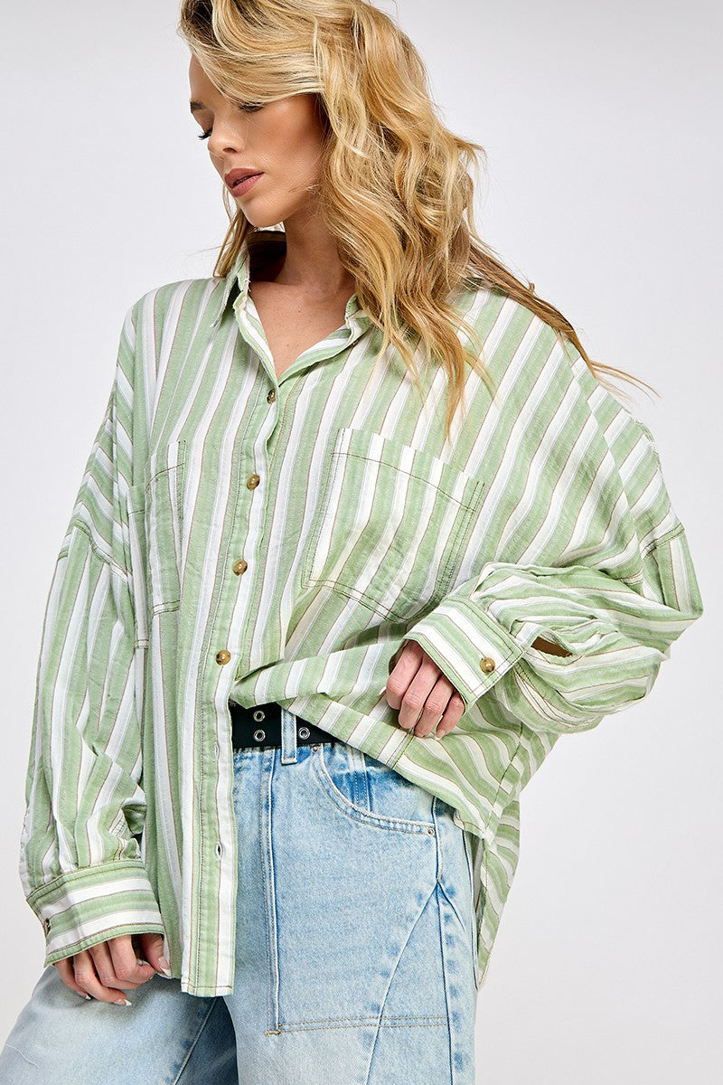 STRIPED BUTTON DOWN SHIRT - SAGE