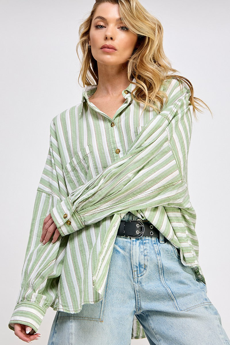 STRIPED BUTTON DOWN SHIRT - SAGE