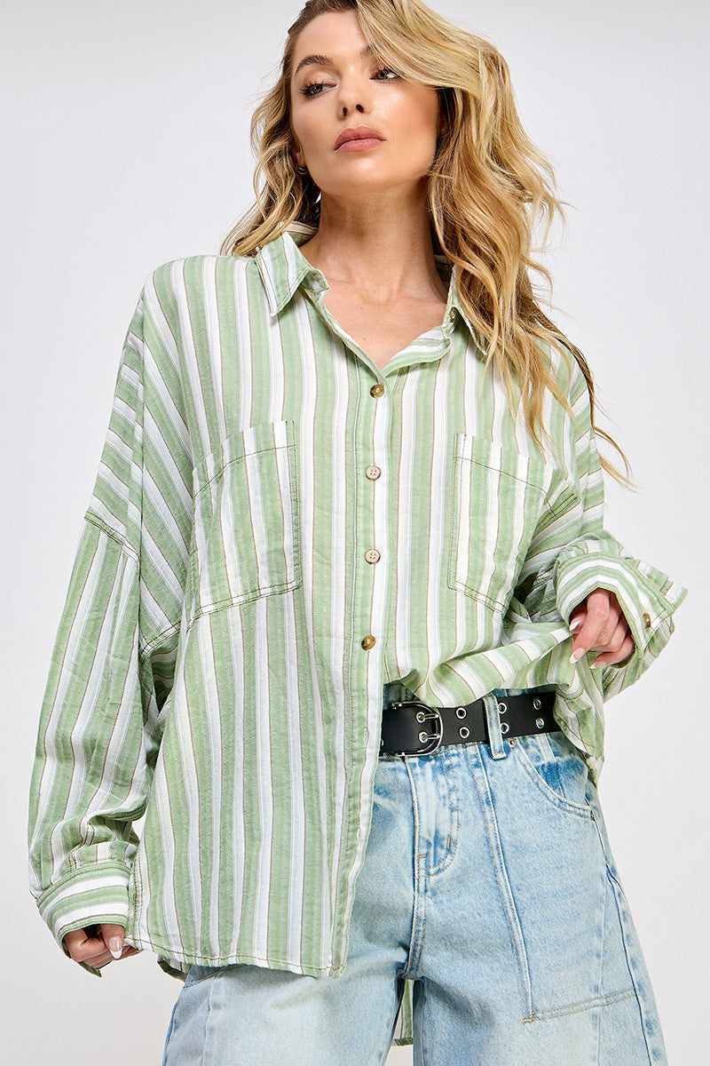 STRIPED BUTTON DOWN SHIRT - SAGE