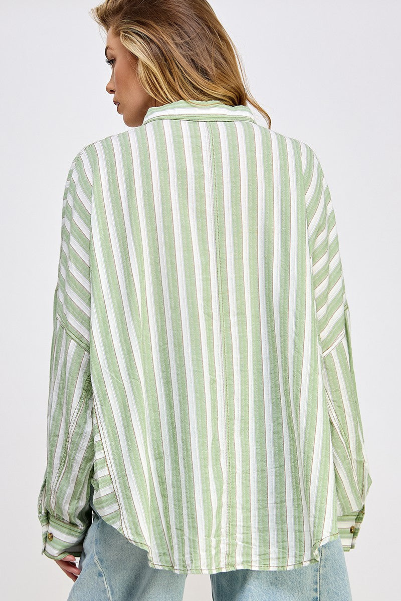 STRIPED BUTTON DOWN SHIRT - SAGE