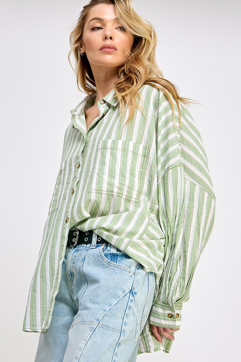 STRIPED BUTTON DOWN SHIRT - SAGE