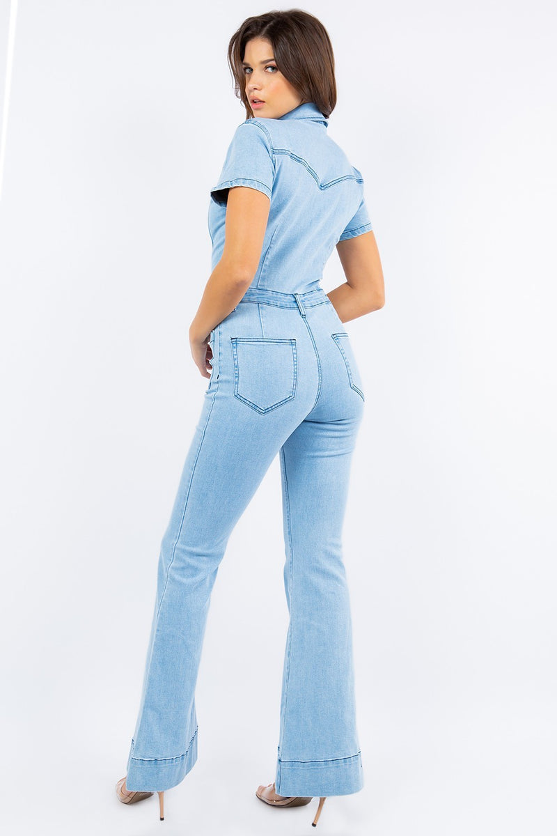 DENIM FLARED JUMPSUIT - LIGHT DENIM