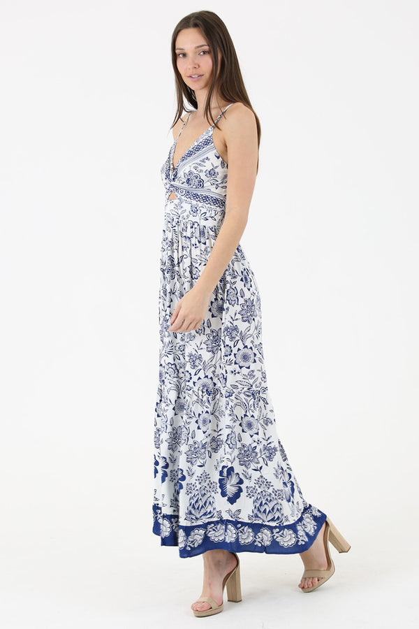 FLORAL MAXI DRESS WITH FRONT CUTOUT - IVORY/ BLUE
