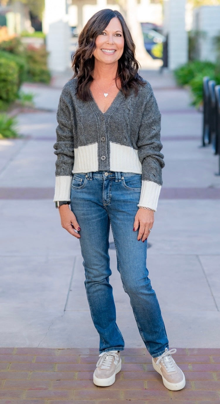 ELAN CARRIE SWEATER CARDIGAN - GREY WHITE COLOR BLOCK