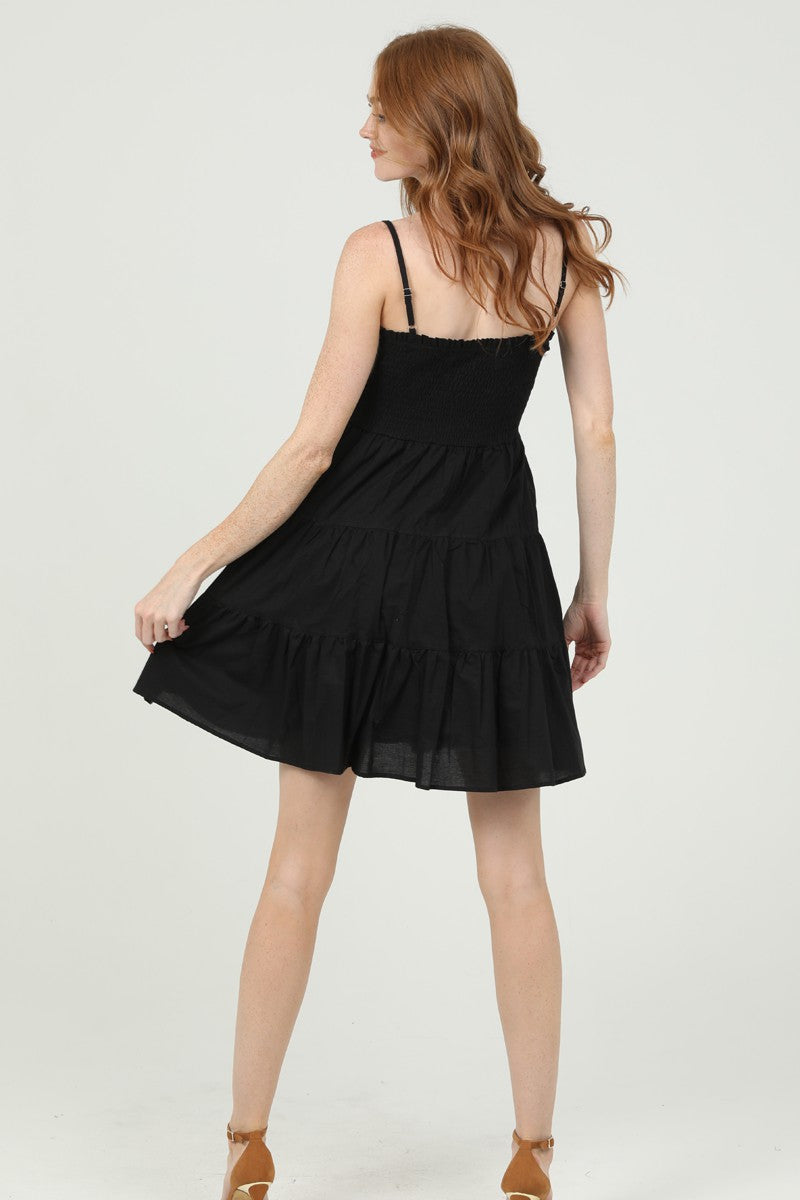 SMOCKED TIERED MINI DRESS - BLACK