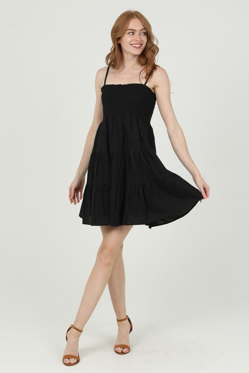 SMOCKED TIERED MINI DRESS - BLACK