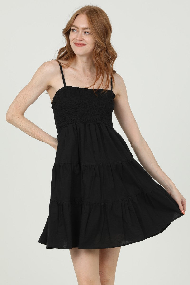 SMOCKED TIERED MINI DRESS - BLACK