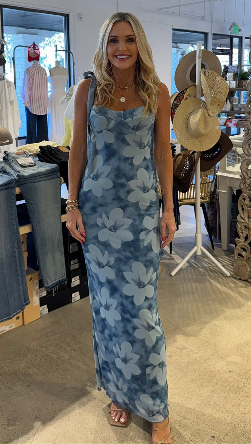 TIE SHOULDER MESH MAXI DRESS - BLUE