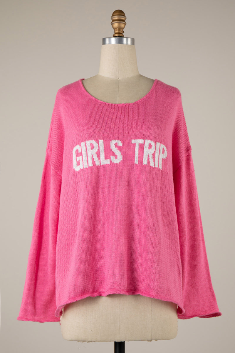 "GIRL'S TRIP" LIGHTWEIGHT SWEATER - HOT PINK