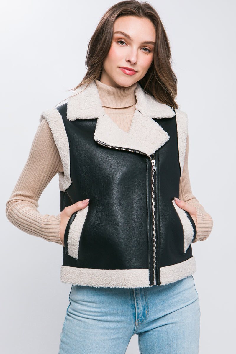 FAUX LEATHER SHERPA TRIM VEST - BLACK