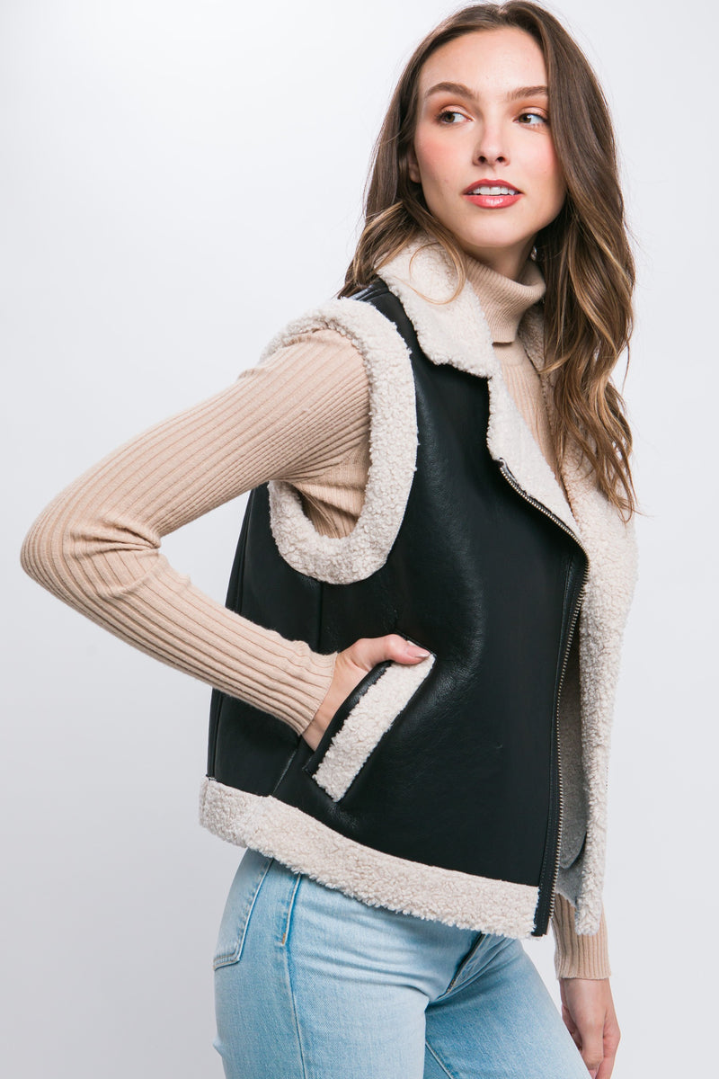 FAUX LEATHER SHERPA TRIM VEST - BLACK