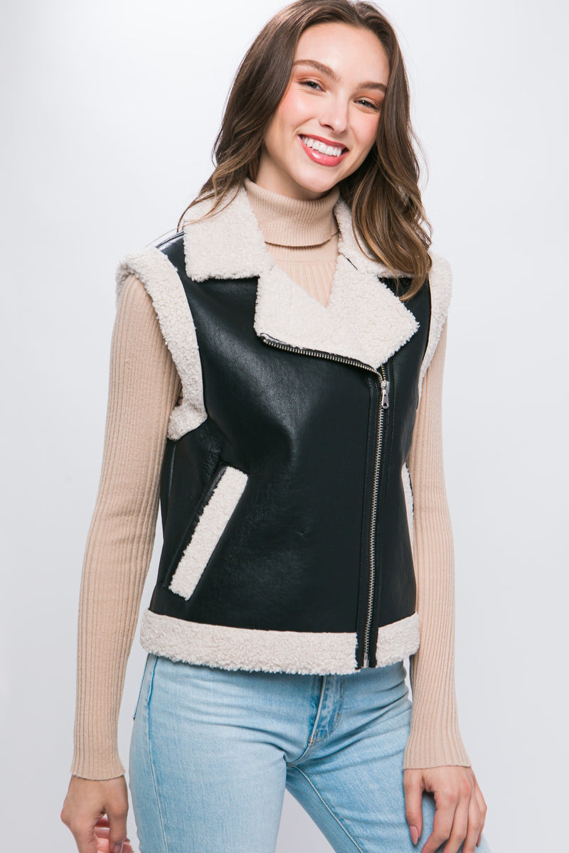 FAUX LEATHER SHERPA TRIM VEST - BLACK