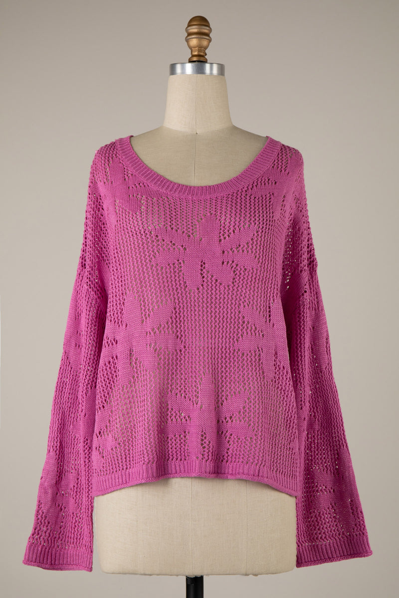 OPEN WEAVE FLORAL PATTERN SWEATER - CHERRY PINK