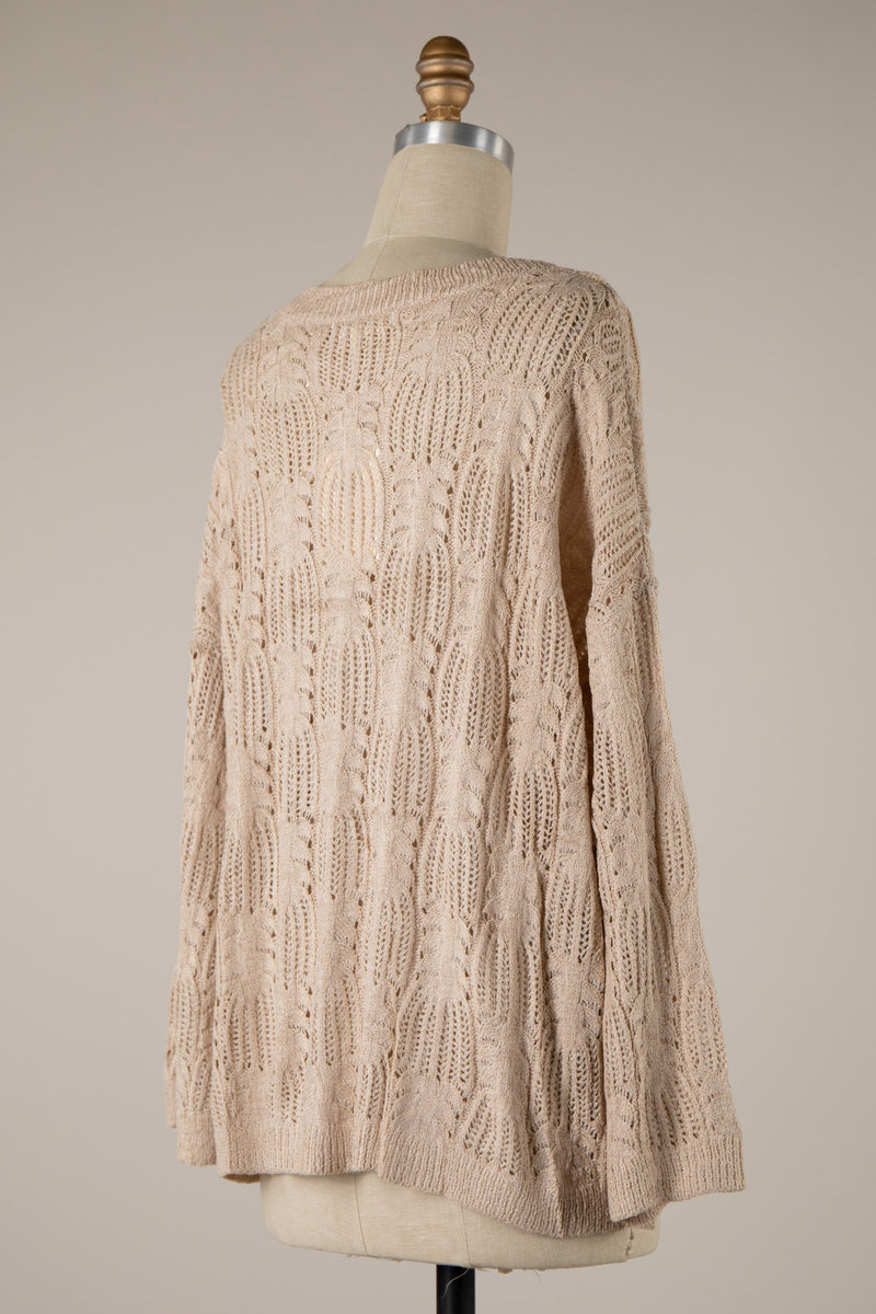 V-NECK OPEN WEAVE SWEATER - BEIGE