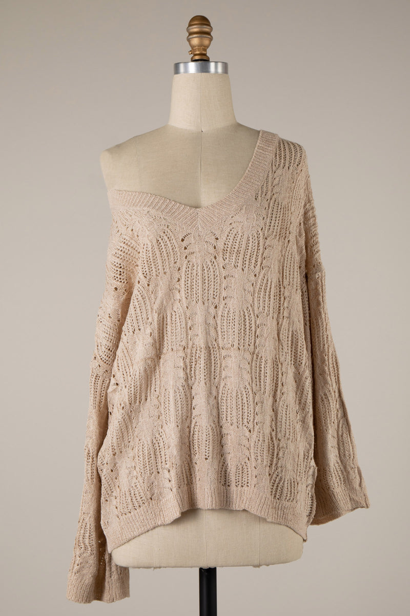 V-NECK OPEN WEAVE SWEATER - BEIGE