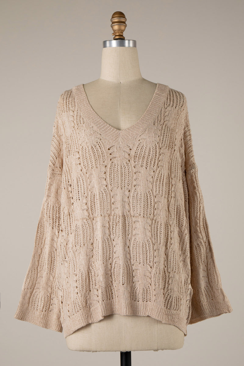 V-NECK OPEN WEAVE SWEATER - BEIGE