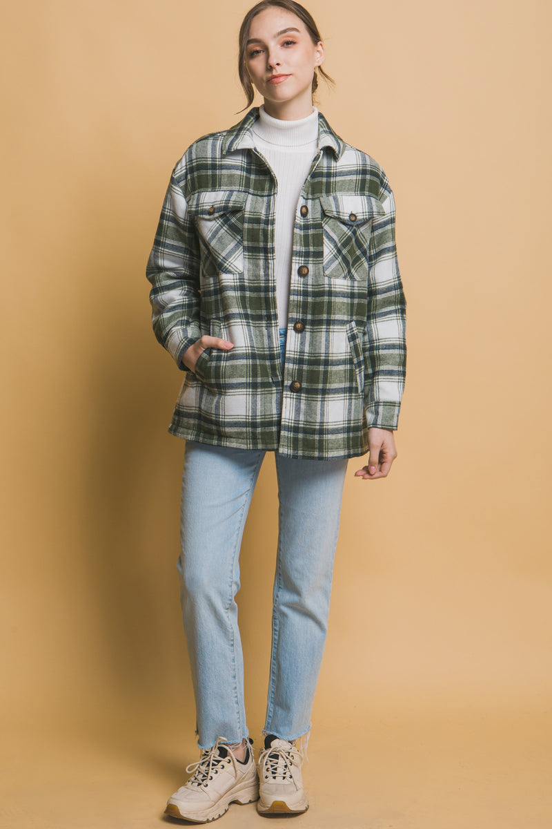 SHERPA LINED PLAID SHACKET - OLIVE