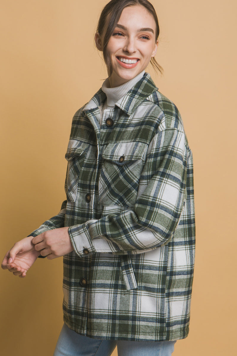 SHERPA LINED PLAID SHACKET - OLIVE