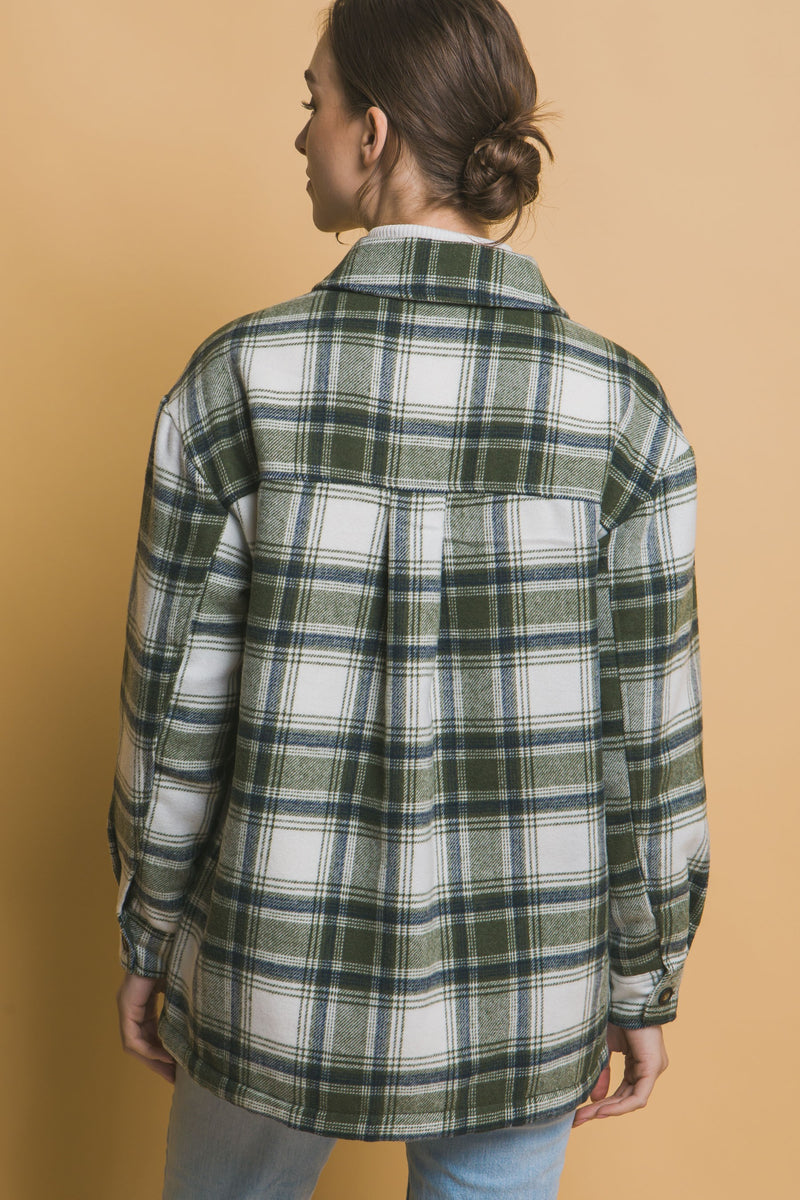 SHERPA LINED PLAID SHACKET - OLIVE