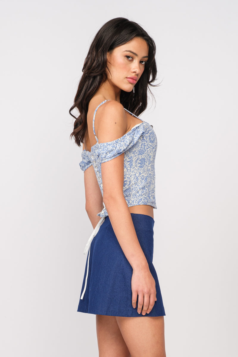 LACE UP BACK CORSET TOP - BLUE MURAL