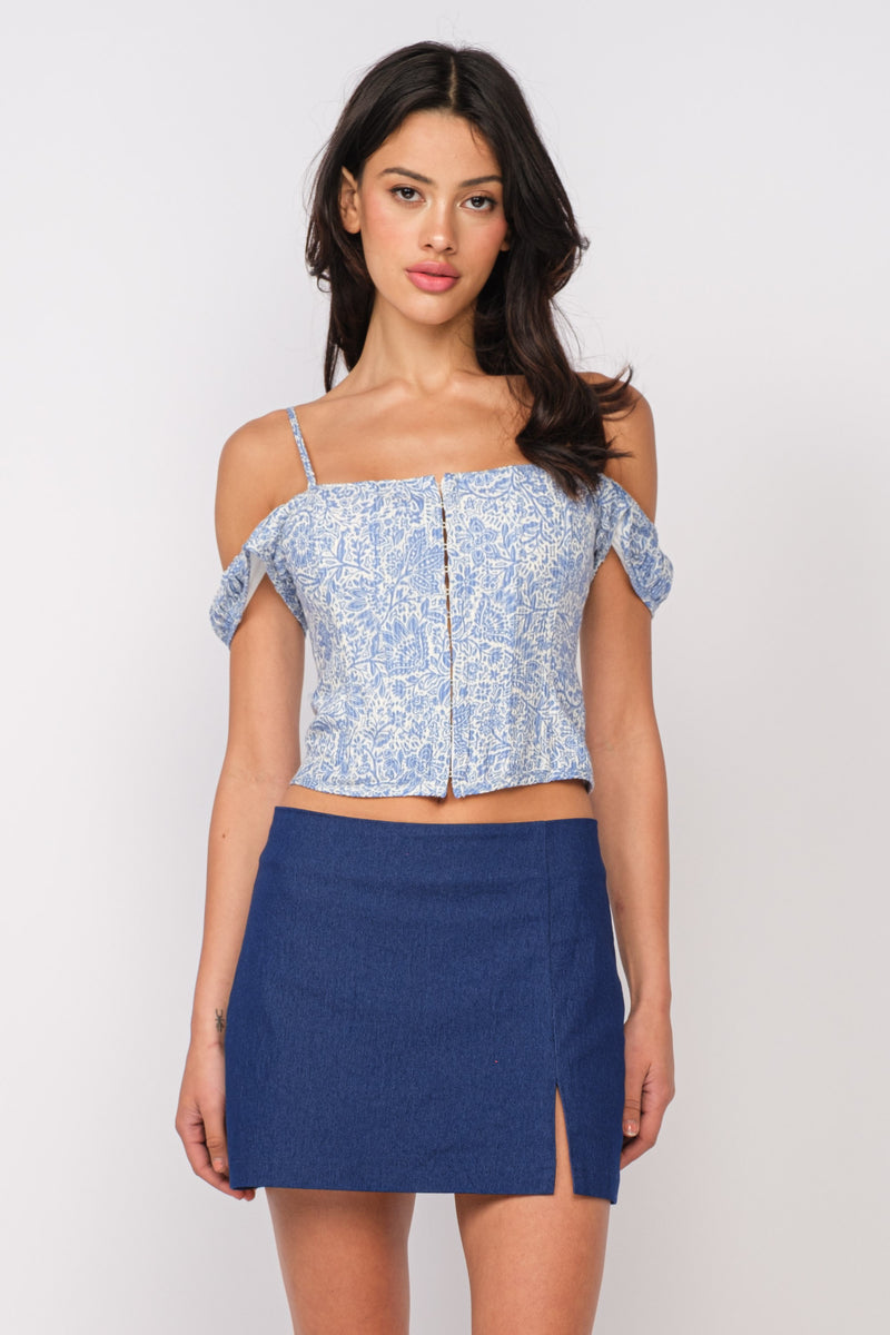 LACE UP BACK CORSET TOP - BLUE MURAL