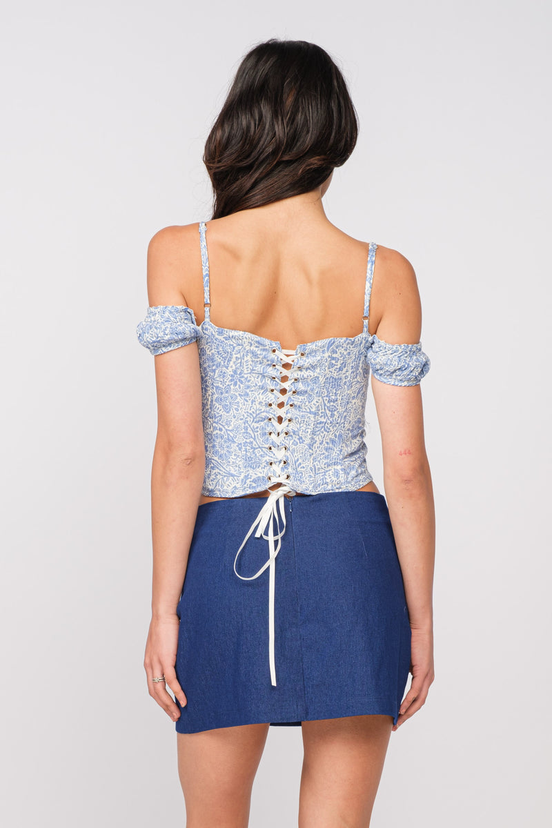 LACE UP BACK CORSET TOP - BLUE MURAL