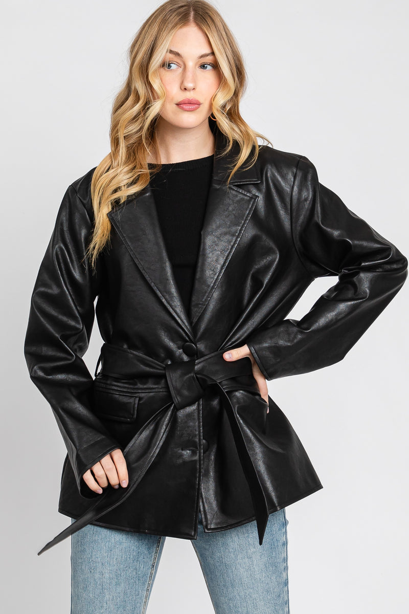 FAUX LEATHER BLAZER W/ BELT - BLACK