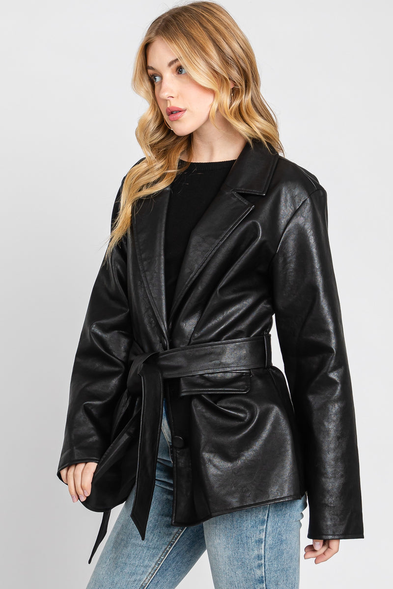 FAUX LEATHER BLAZER W/ BELT - BLACK