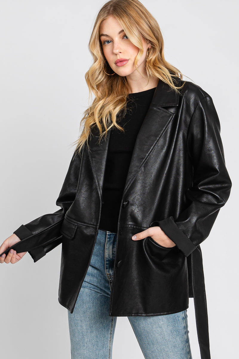 FAUX LEATHER BLAZER W/ BELT - BLACK