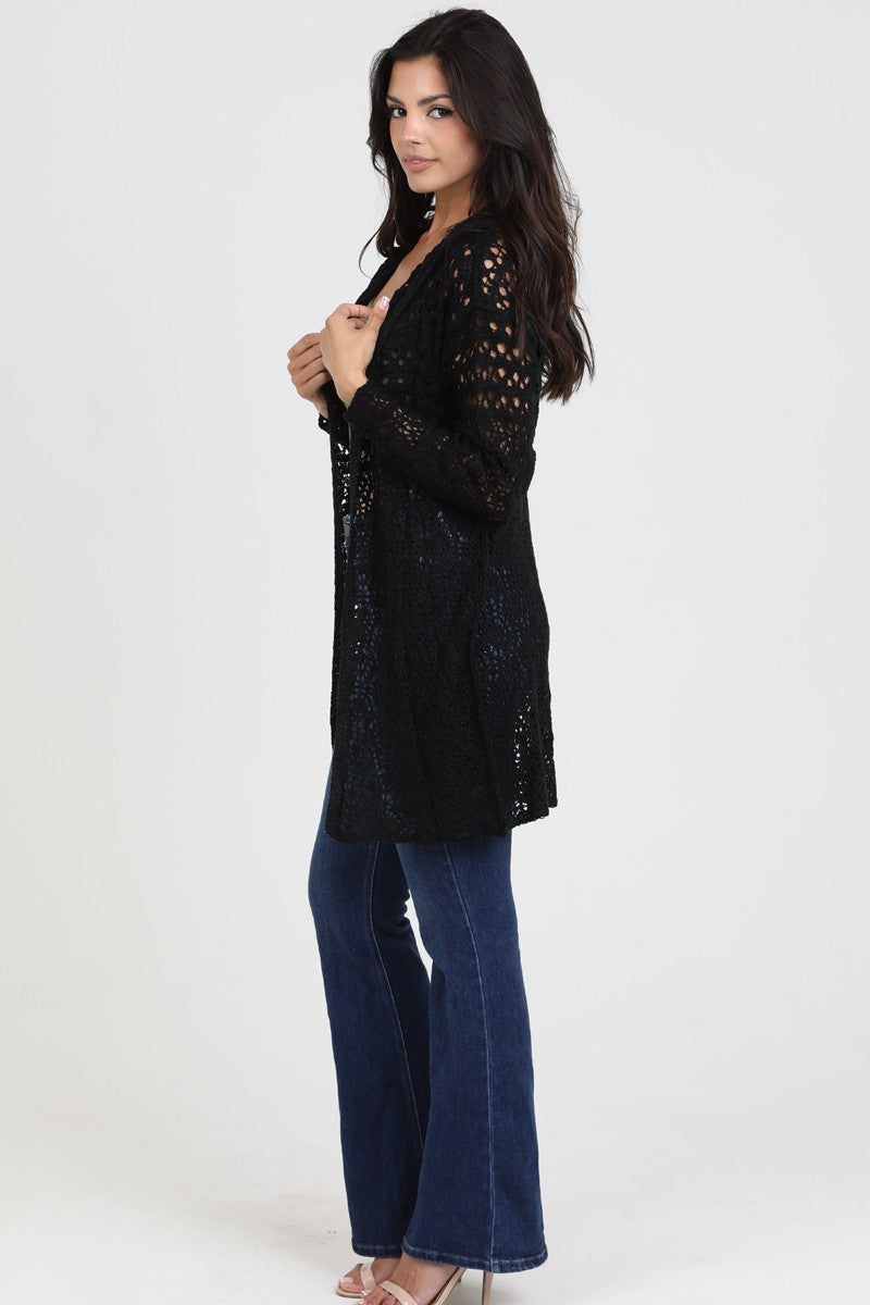 OPEN KNIT HOODED CARDIGAN - BLACK