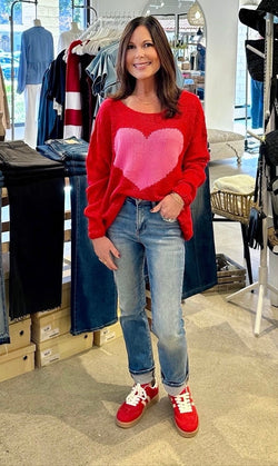 LIGHTWEIGHT HEART SWEATER - RED W/PINK HEART