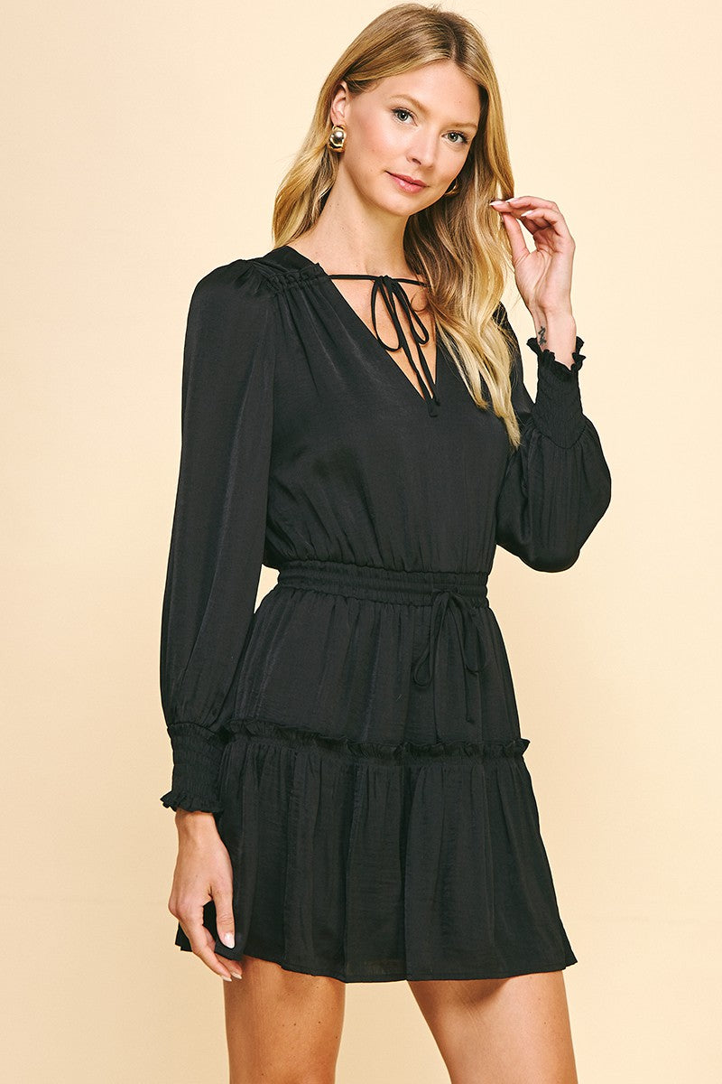 V-NECK LONG SLEEVE MINI DRESS - BLACK