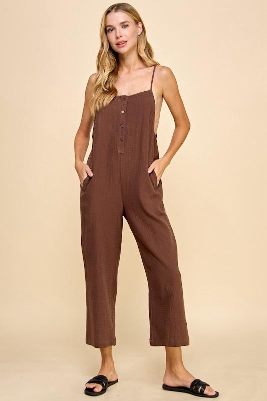 GAUZY OVERALL JUMPSUIT - ESPRESSO