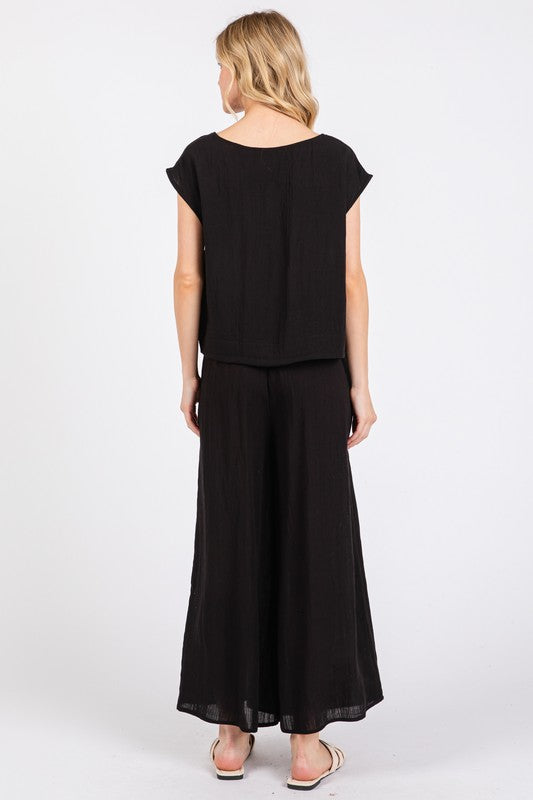 WOVEN GAUZE WIDE LEG PANTS - BLACK