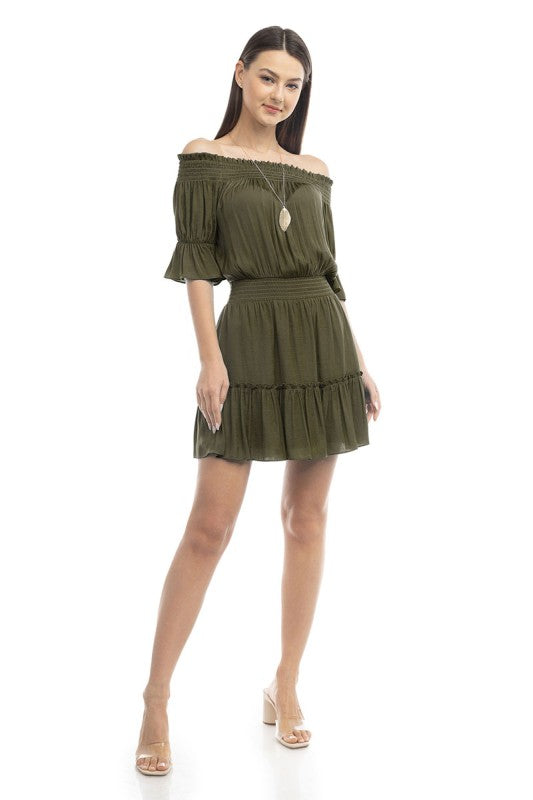 OFF SHOULDER SMOCKED MINI DRESS - DUSTY OLIVE