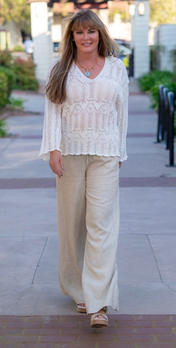 OPEN KNIT V-NECK SWEATER - IVORY